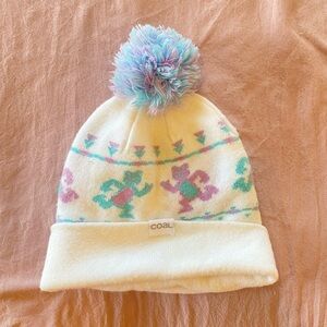 coal dancing great full dead bears beanie, blue, purple, and white. with pom pom